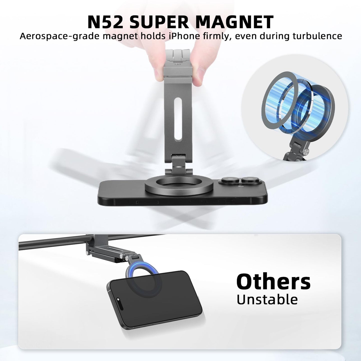 Magnetic Tripod for iPhone, Airplane Phone Holder for MagSafe Selfie Stick Adapter Travel Foldable Clip Clamp Plane Desktop Stand for iPhone 17 16 15