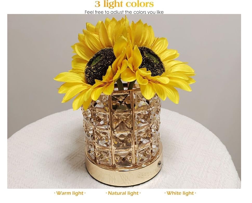 Flower Lamp with USB Charge, 3-Colour Infinitely Dimmable Artificial Sunflower LED Table Lamp, Rechargeable Cordless Touch Small Night Light, Gift