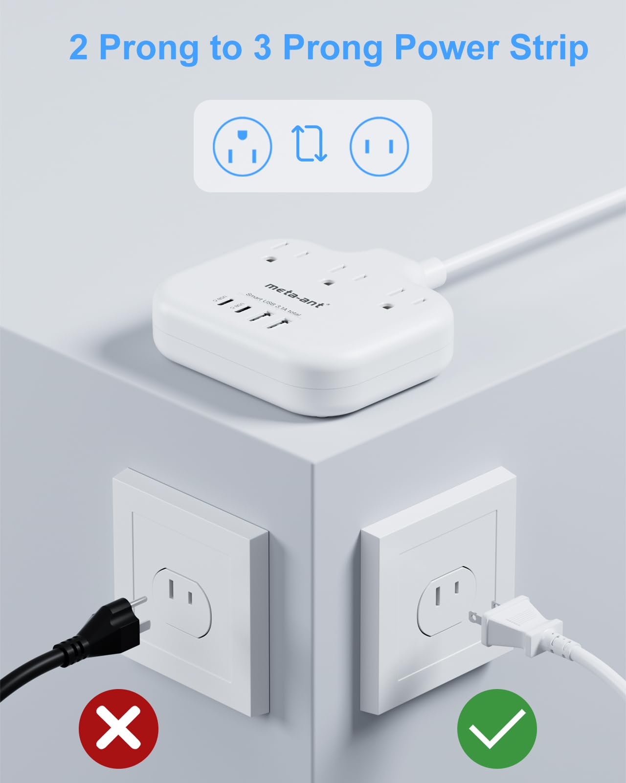 2 Prong Power Strip with USB C, meta-ant 2 Prong to 3 Prong Outlet Adapter, Two Prong Power Strip with 3 Outlets & 4 USB(2 USB-C), 4ft Extension Cord