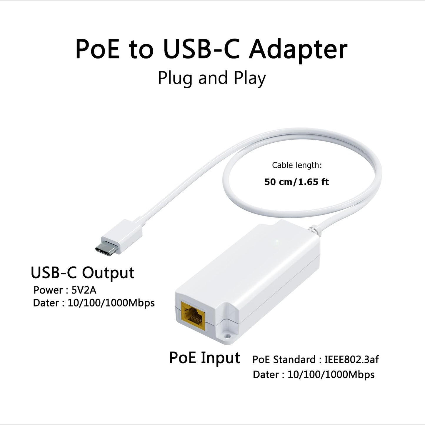 Gigabit PoE to USB C Converter for Smart Phone/Tablet, USB-C to Ethernet Adapter with 10W Charging, Power & Data 2-in-1 RJ45 Port to Type-C Adapter