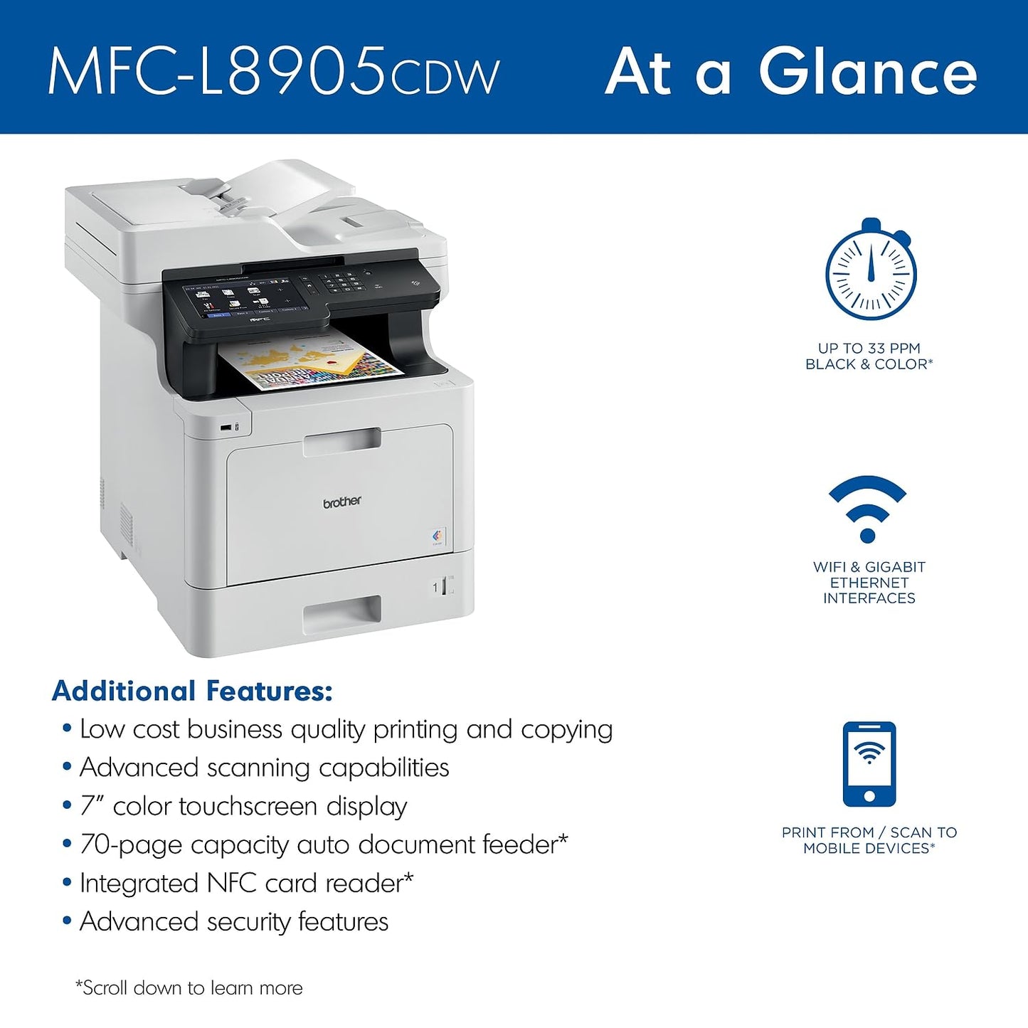 Brother Color Laser All-in-One Printer with Advanced Security, High-Speed 33ppm Printing, Wireless Network, 7 in Touchscreen, Duplex Print and Scan