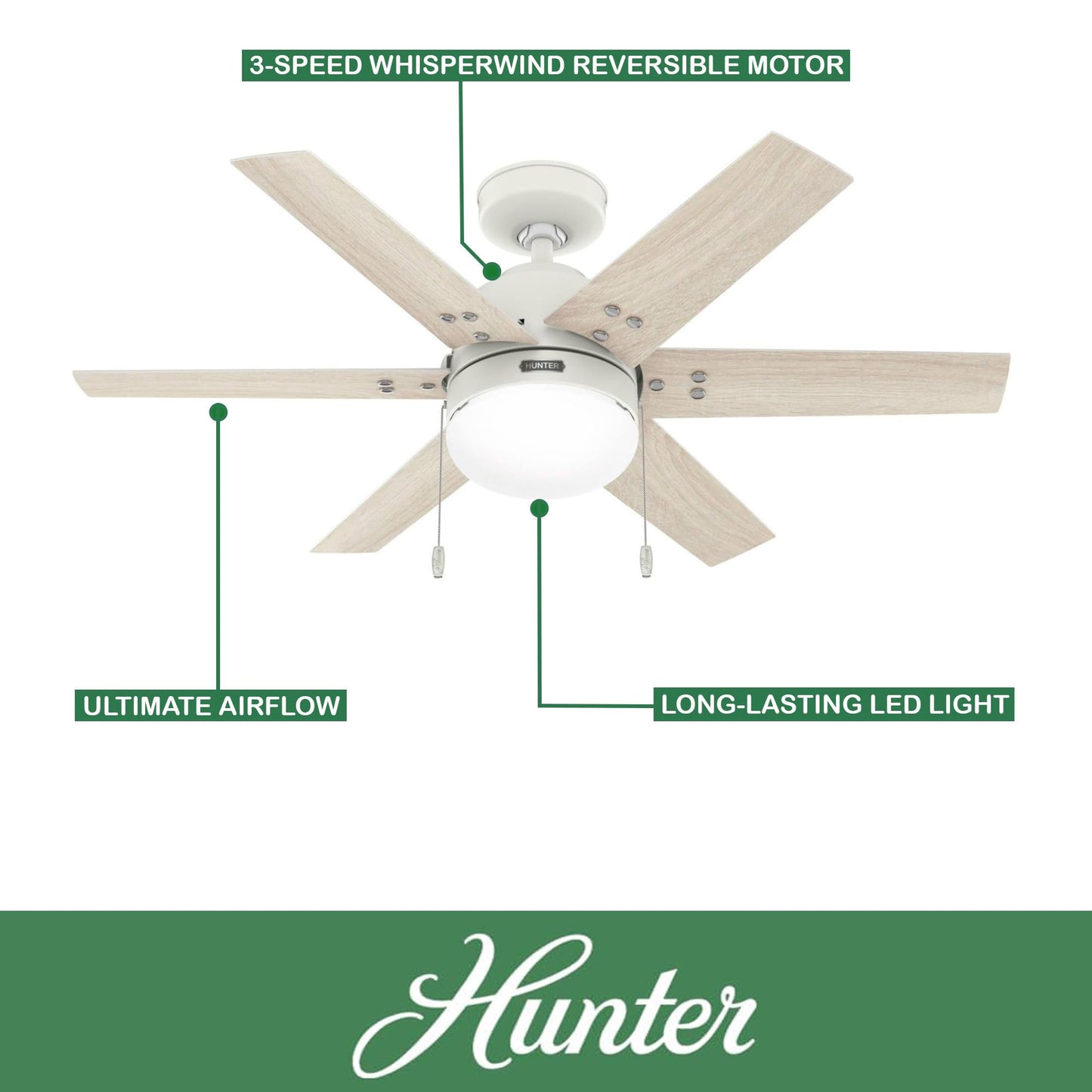Hunter Fan 44 inch White Indoor Ceiling Fan with Light, Small Ceiling Fan with Pull Chain, 6 Blades for Kids Room, Bedroom, Office or Kitchen