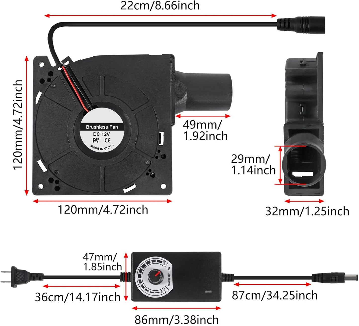 120mm x 32mm Dual Ball Blower Fan 12V with 110v - 240v AC Plug Variable Speed Controller - High Velocity Squirrel Cage Fans for DIY Cooling Projects