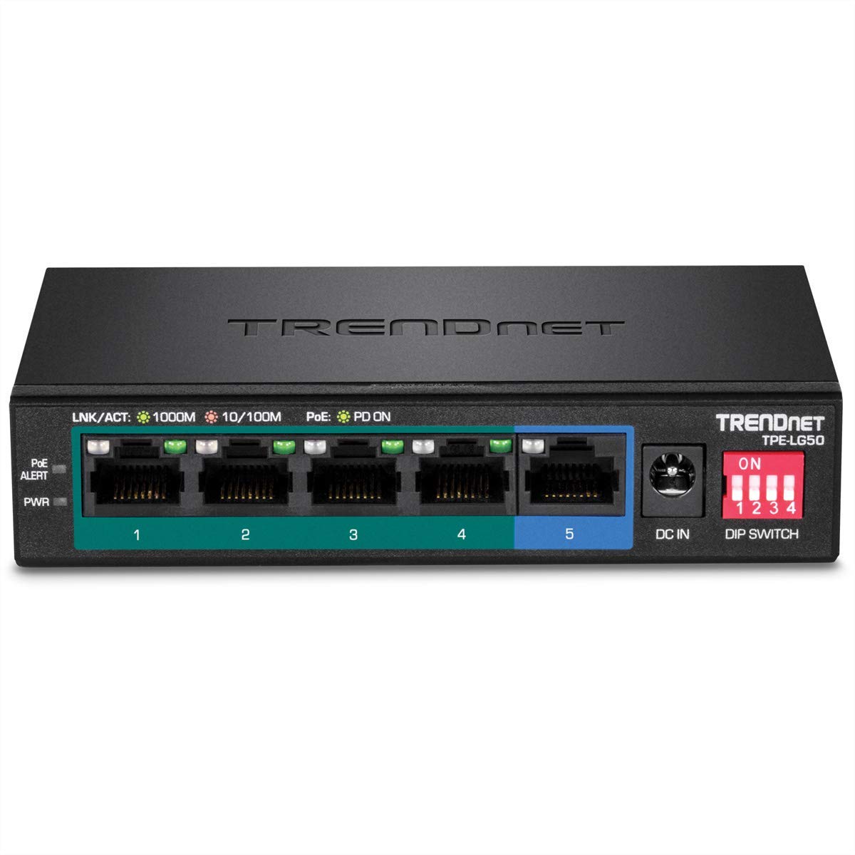 TRENDnet 5-Port Gigabit Long Range PoE+ Switch, TPE-LG50, 4 x PoE+ Ports, 1 x Gigabit Port, Camera DIP Switch extends PoE+ 200m (656 ft.), (Renewed)
