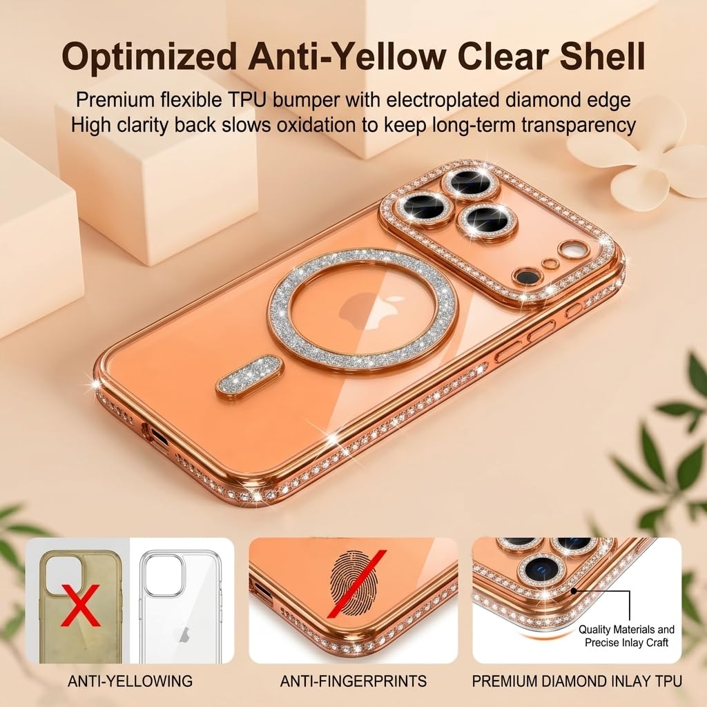 Doulings Magnetic Glitter Diamond for iPhone 13 Pro Max Case[Compatible with MagSafe]Sparkle Rhinestone Camera Lens Protector Plated,Crtstal Clear