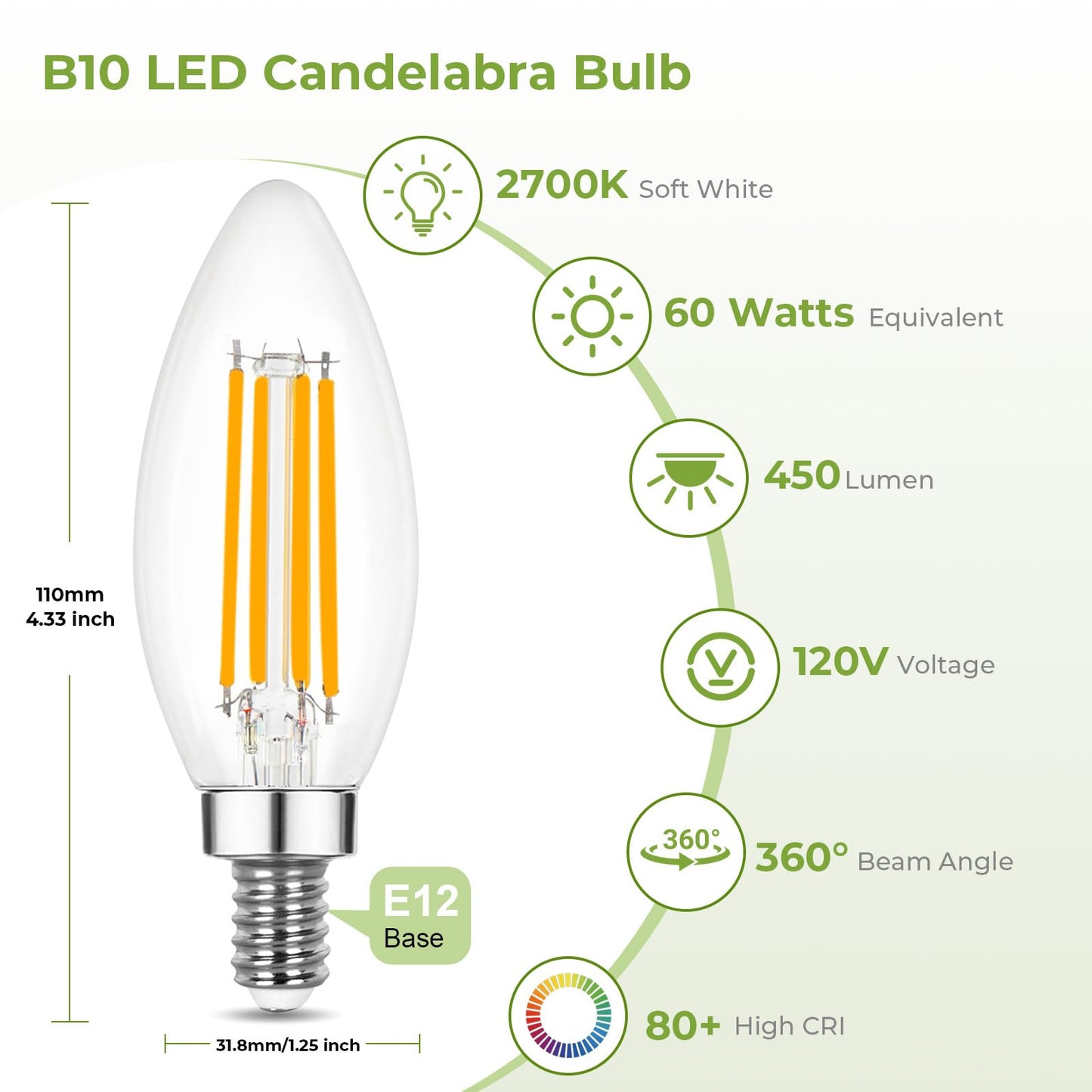 Sigalux LED Candelabra Light Bulbs, Dimmable E12 LED Bulb 60W Equivalent, 2700K Soft White, B10 Candle Bulbs for Chandelier, 5W, 450LM,12 Pack