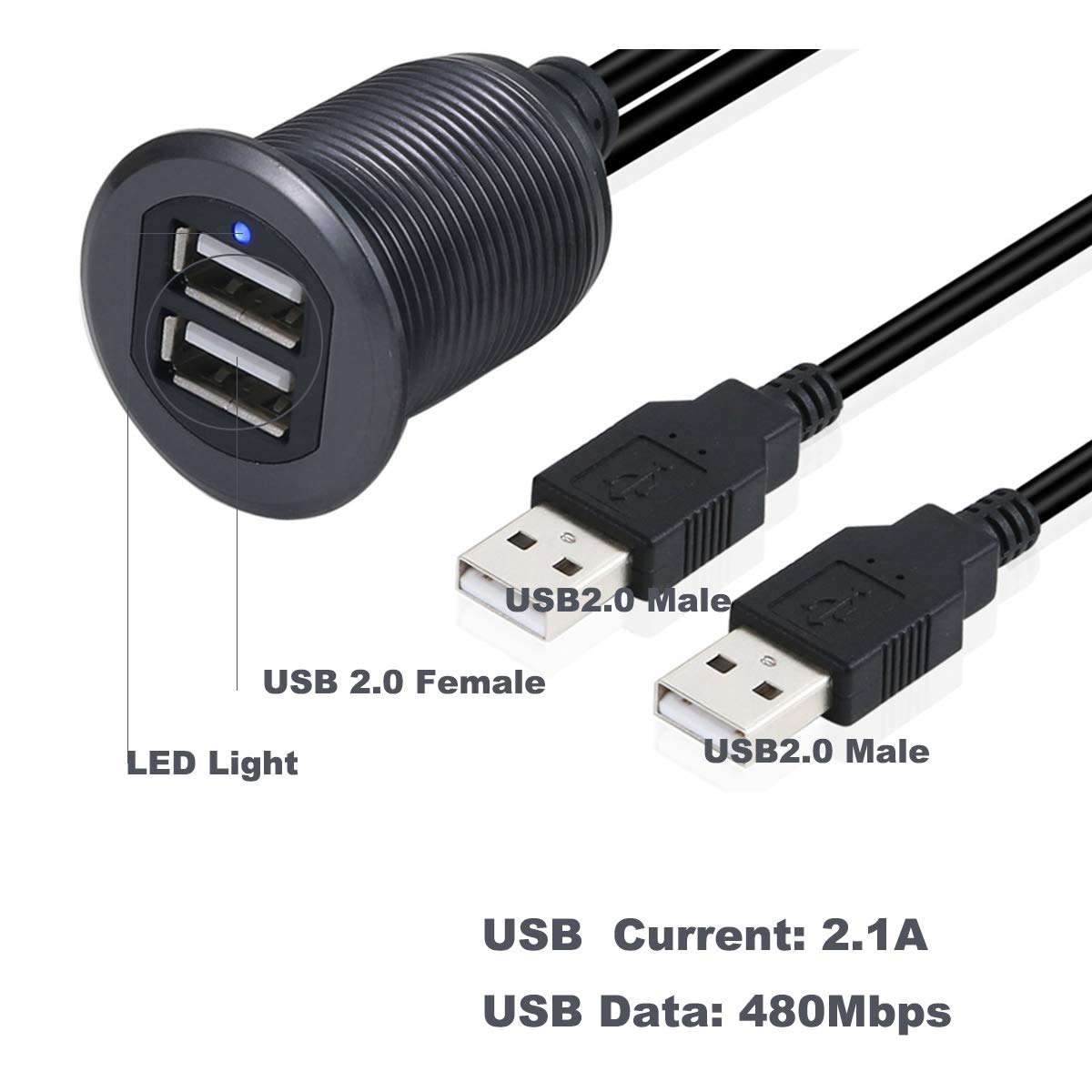 Kework 3.3ft Dual Ports USB 2.0 Flush Mount Cable, USB 2 Ports Male to 2 Ports Female Extender Dashboard Panel Mount Extension Cord for Car Truck Boat