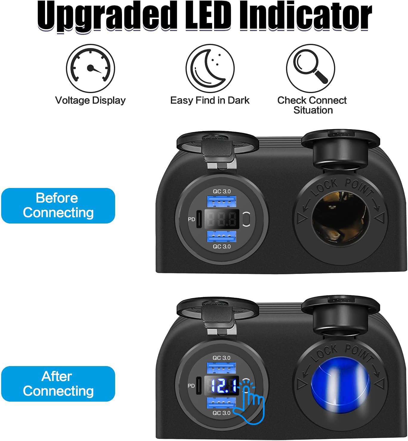[Upgraded] Tent Type Panel 12V USB Outlet, Quick Charge PD3.0& Dual USB 3.0 Car Charger with LED Voltmeter & Switch+12V/24V Cigarette Lighter Socket