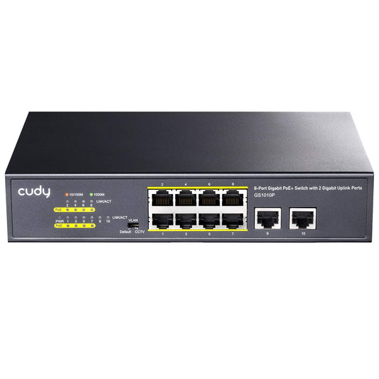 Cudy GS1010P 10-Port Gigabit Ethernet Unmanaged PoE Switch, with 8 x PoE+ @ 120W, Desktop/Rackmount, CCTV / VLAN Mode, 802.3af/ 802.3at, Plug and Play