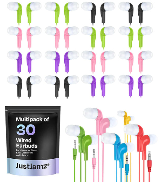 JustJamz Jelly Roll Bulk Earbuds - 30 Pack Wired Ear Buds for Classroom, Students, and Kids with 3.5mm Jack - School Earphones, Chromebook…