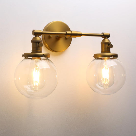 Phansthy Vintage Double Sconces Bathroom Wall Lighting with 5.9 Inches Globe Clear Glass, Modern Hardwired Sconces Wall Decor Light Fixtures