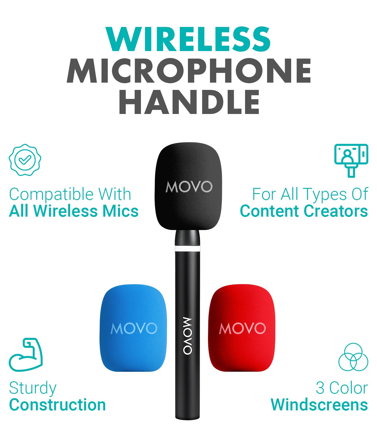 Movo WMX-HM2 Wireless Microphone Handle for DJI Mic, Rode GO II - Handheld Interview Grip with Mic Holder, Adapter & 3 Windscreens - for YouTube
