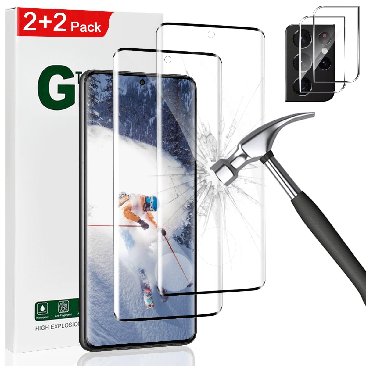 2 Pack Galaxy S21 Ultra Screen Protector, HD Clear Tempered Glass,2 Pack Camera Lens Protector, Fingerprint Unlock,3D Curved Full Coverage,Scratch