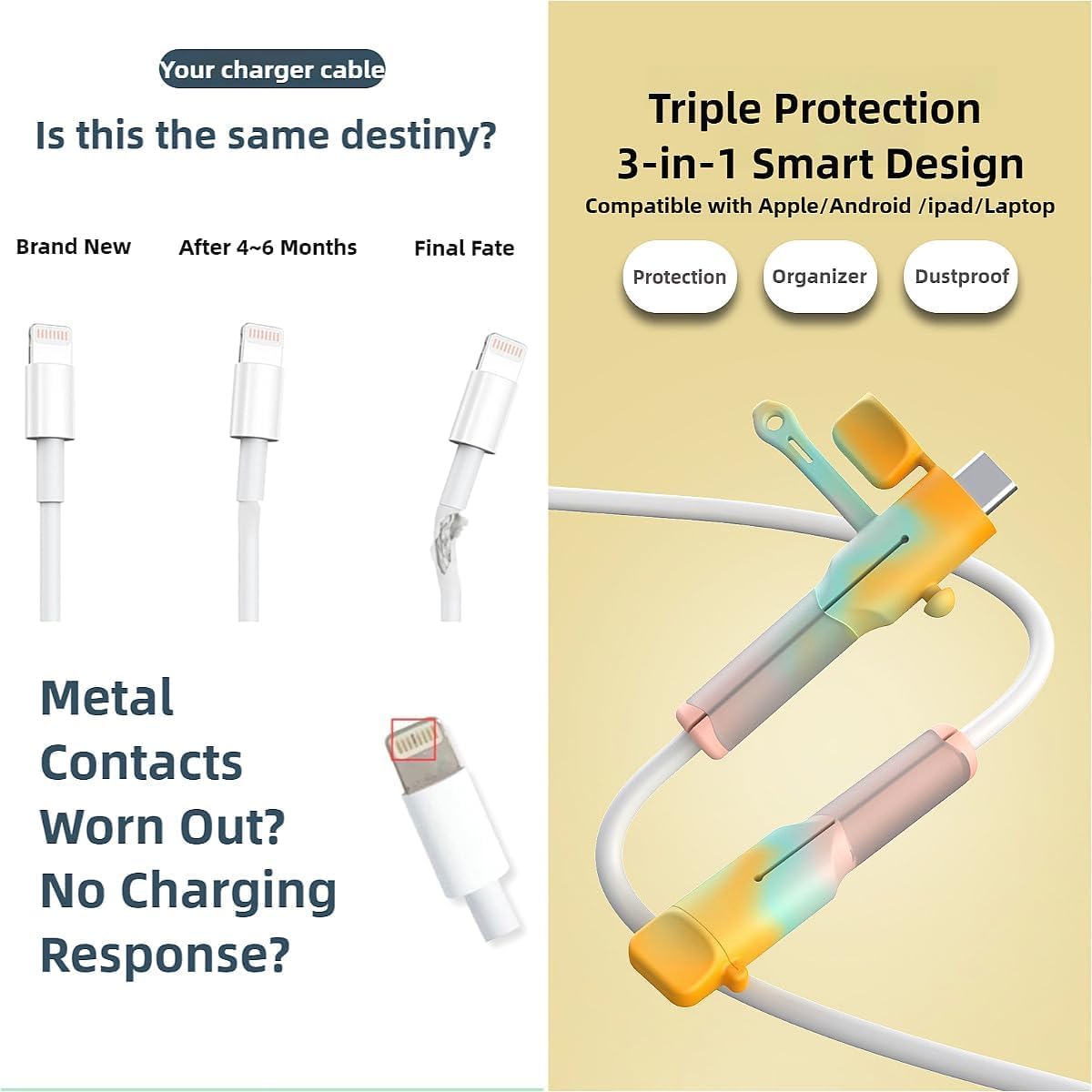 [3 Pairs] Charging Cable Protector - Durable Silicone Charger Cable Protector for Cord Protection - for Home, Office, Travel (Android C-C)
