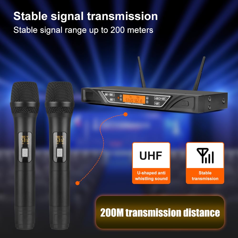 Doslnlya NG-9 UHF Dual Wireless Microphone System with 2 Handheld Dynamic Microphones, Professional Grade Anti-Interference, Two Handed Mic One Touch