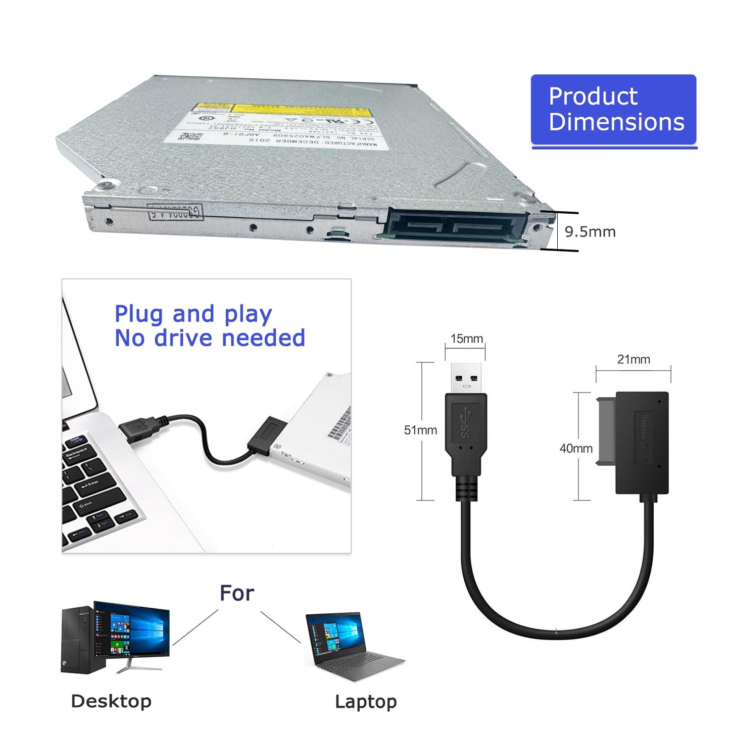 JOYIN-BURN UJ8C2 UJ8E2 UJ8G2 9.5mm Super Slim SATA CD DVD Burner Writer Player ROM Drive for Laptop with USB 3.0 SATA Cable