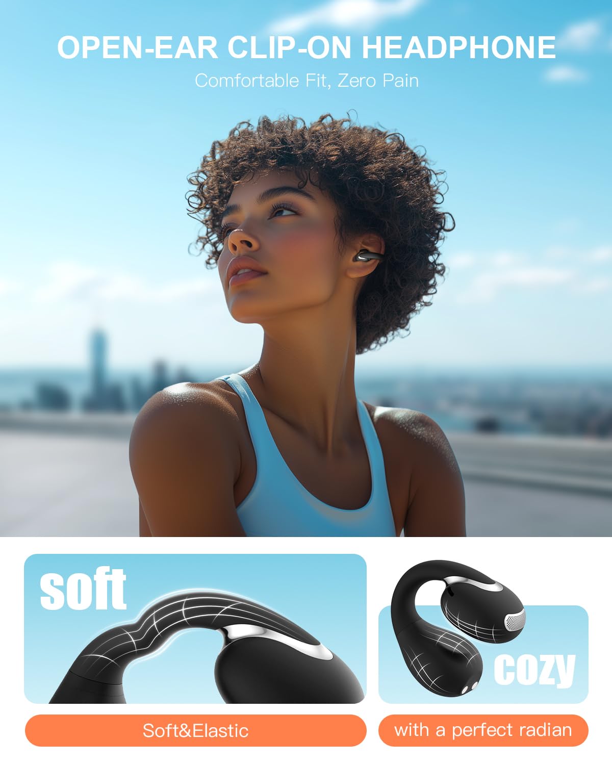 Jzones Open Ear Clip Wireless Earbuds Bluetooth 5.4, Lightweight Comfort Sports Bone Conduction Headphones Built-in Mic for Clear Audio, Stable Fit…