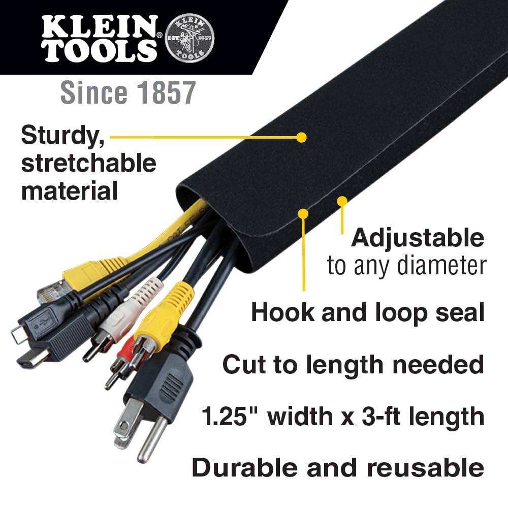 Klein Tools 450-320 Cable Management Sleeve, Cord Management for Home, Office or Job, 1-1/4-Inch Max Diameter, 3-Foot Length, Black, 2-Pack