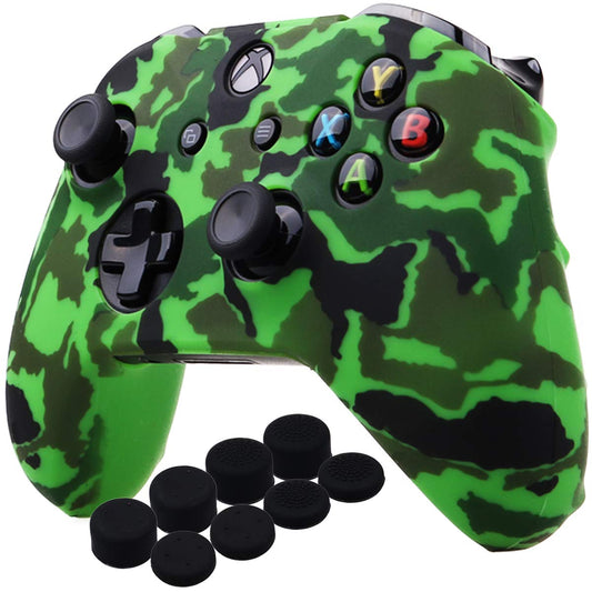 YoRHa Water Transfer Printing Camouflage Silicone Cover Skin Case for Microsoft Xbox One X & Xbox One S Controller x 1(Green) with PRO Thumb Grips x 8