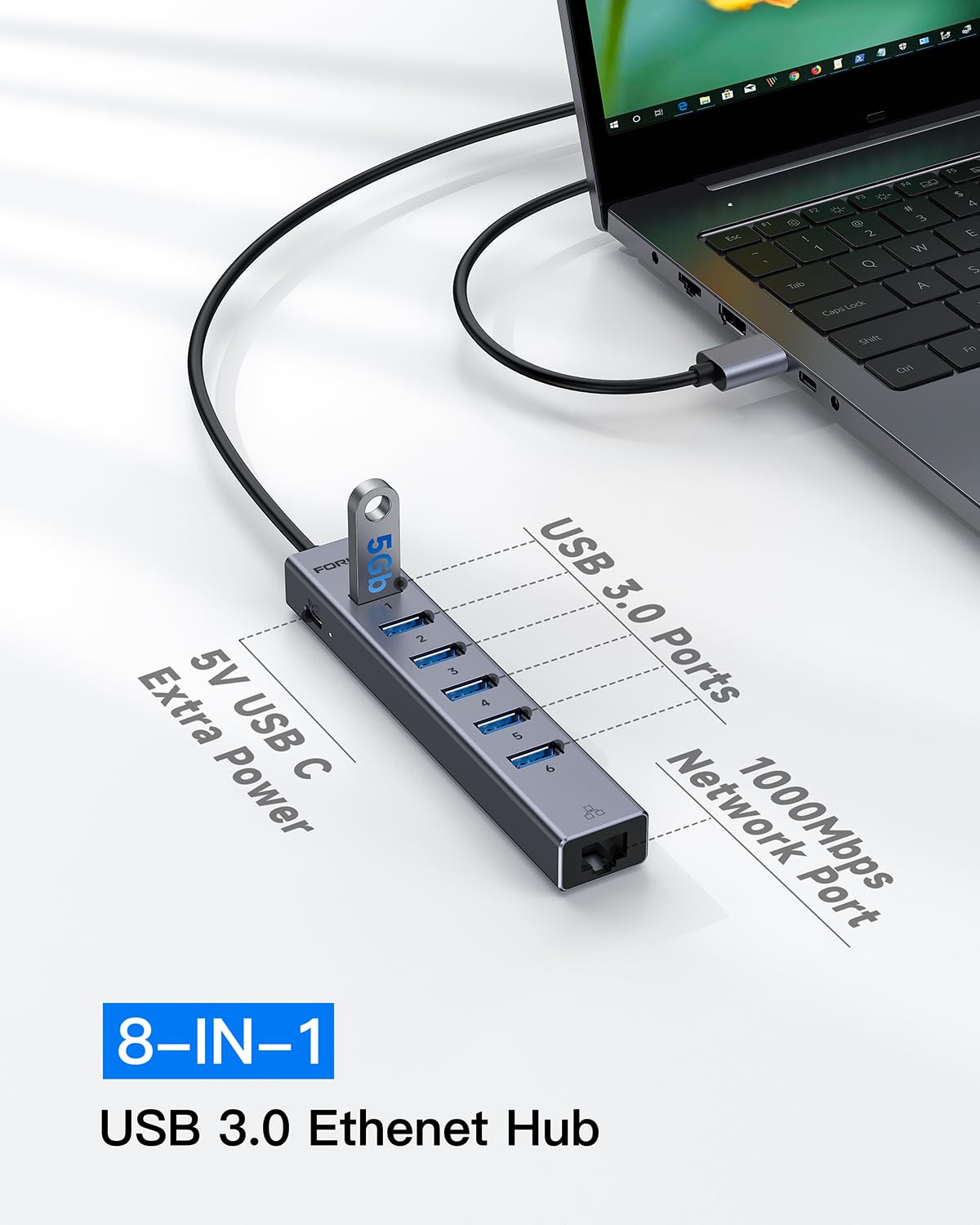 FORIDA Aluminum USB to Ethernet Adapter with 7-Port USB Hub - 3.9ft Long Cable, Gigabit Ethernet Port, 5V/3A Power Port | USB Extender Compatible