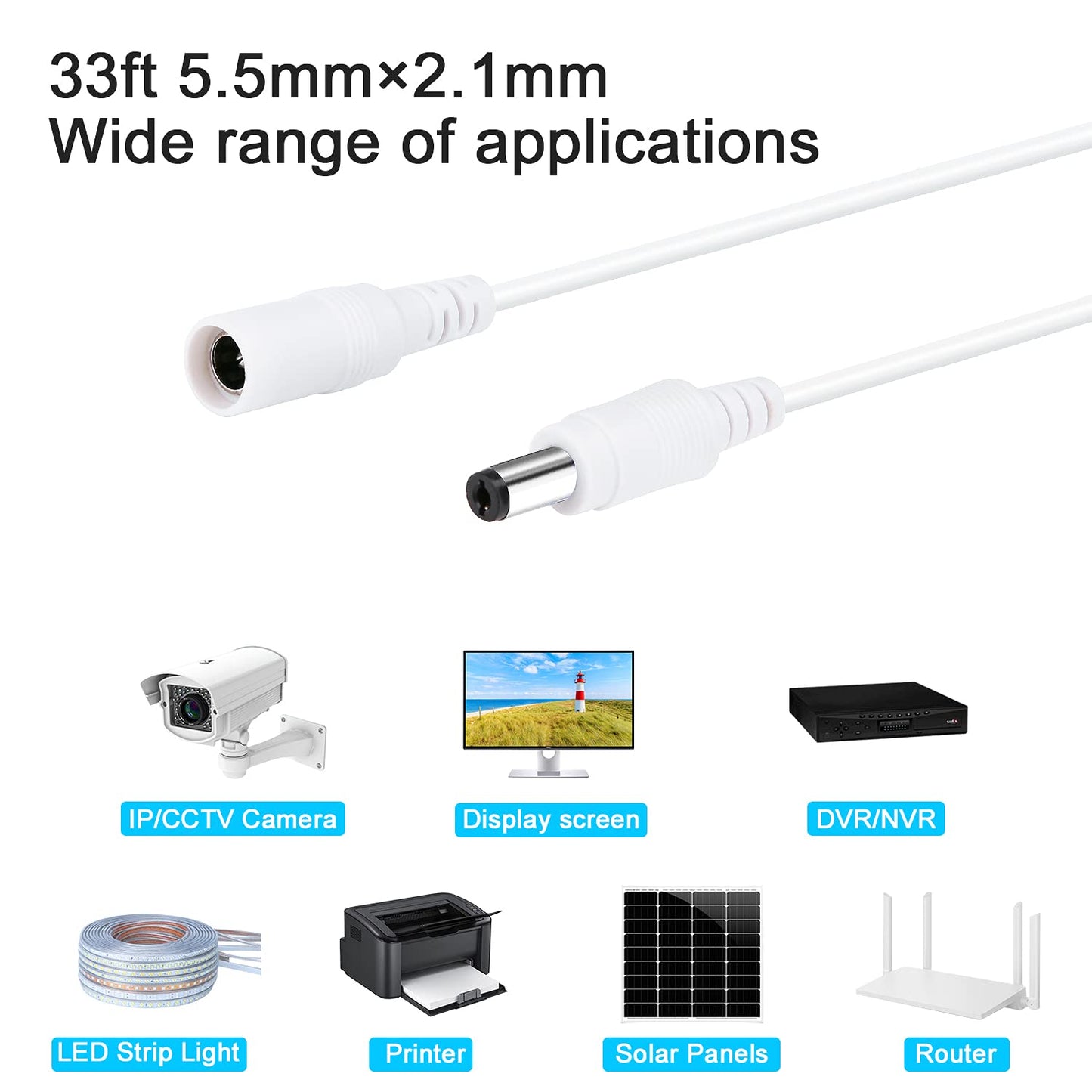 WILDHD DC Power Extension Cable 33ft, 2.1mm x 5.5mm Plug Compatible with 12V DC Adapter Cord for CCTV Security Camera, IP Camera, Standalone DVR (33ft