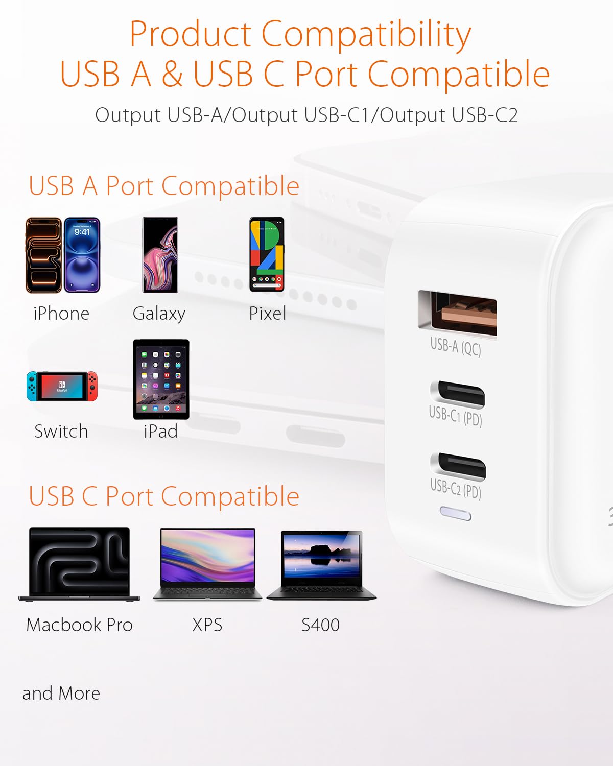3inuS 65W GaN USB C Charger Block, 3-Port Portable Fast Wall Charger with Foldable Plug & Travel Adapters, Fast Charging Station for iPhone 17/16/15