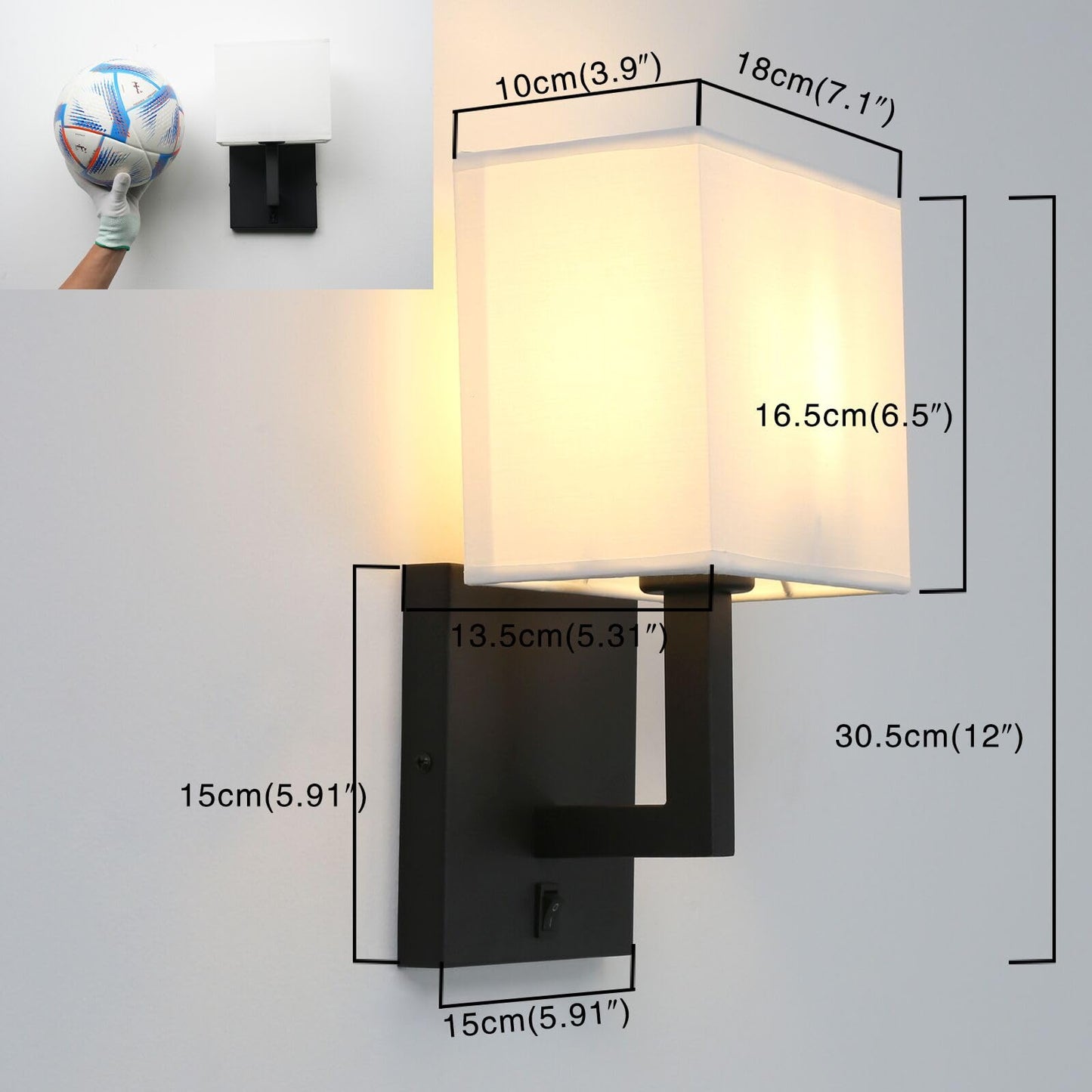 PERMO Single Wall Sconce Black Finish Light Fixture with White Textile Shades and On/Off Switch Button Small Modern Nightstand Lamps for Bedrooms