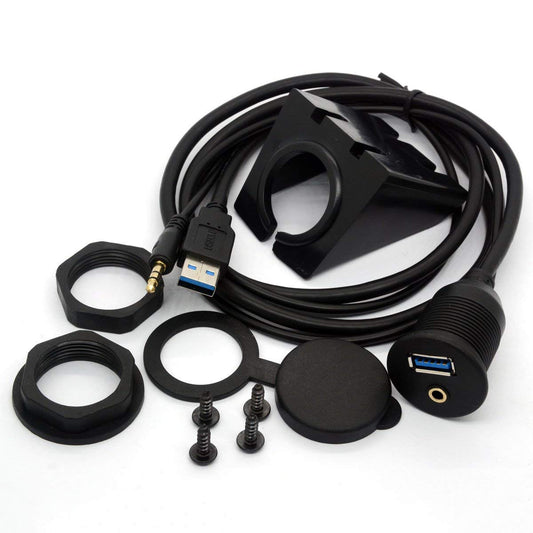 BSHTU USB 3.0 Flush Mount Cable - USB 3.0 and 3.5mm Aux Extention Mount, Flush, Dash, Panel Mount Cable 1/8 AUX for Car Bike Boat Motorcycle Radio