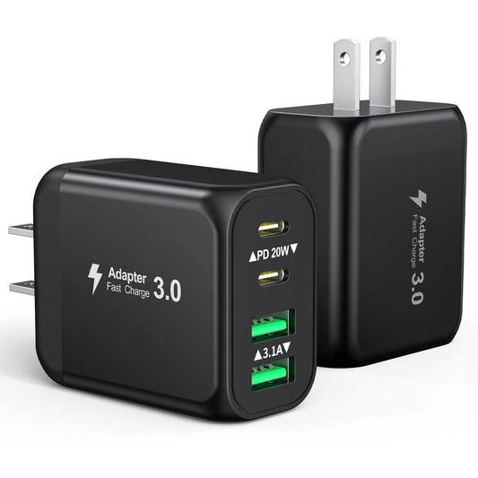 40W USB C Charger Block, 2-Pack 4-Port Fast Charging Block Power Adapter, Dual PD & QC Type-C Multiport Wall Charger for iPhone 17 16 15 14 13 12 11