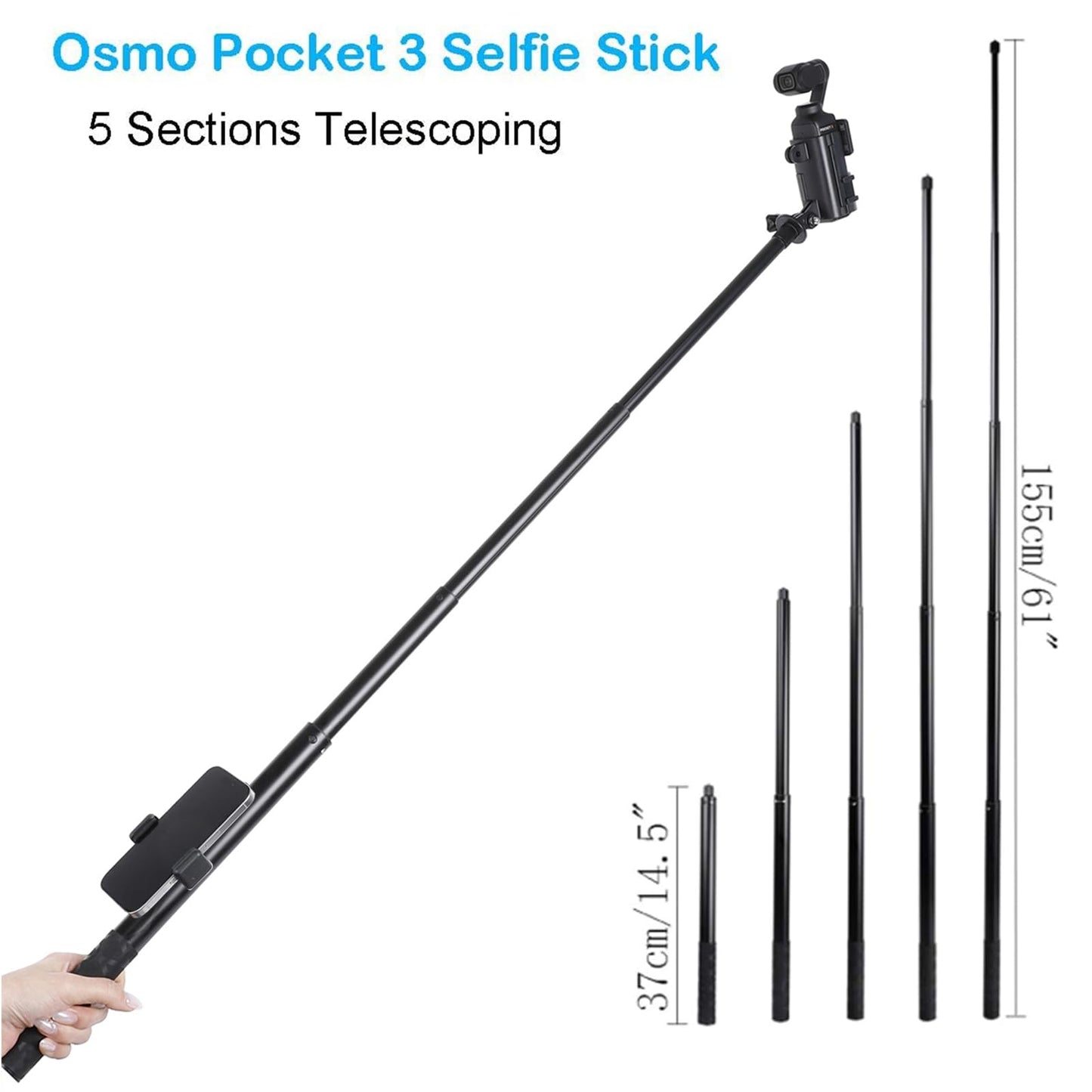 PellKing Monopod for Osmo Pocket 3,61"/155cm Selfie Stick+Aluminium Alloy Tripod+Protective Cage Extension Adapter Frame