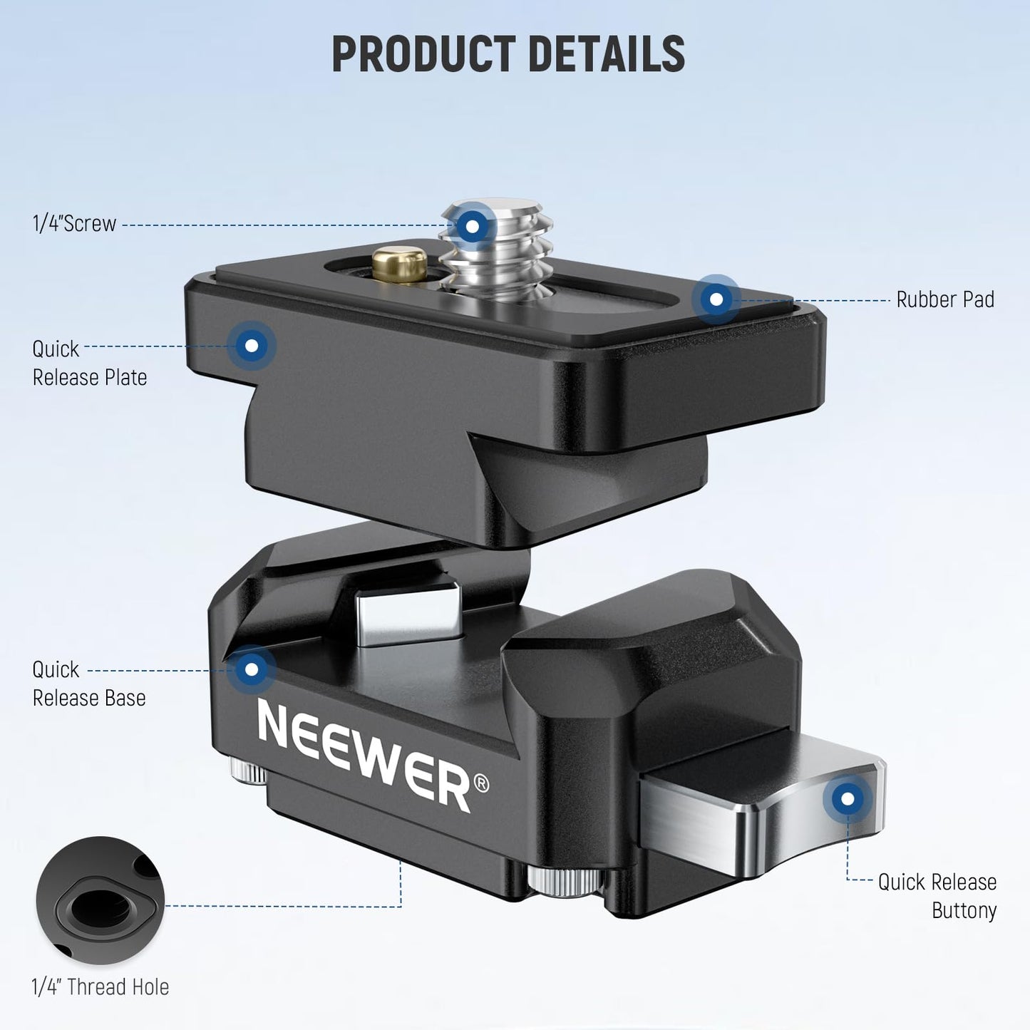 NEEWER Action Camera Quick Release Plate Compatible with Insta 360 x4 x5, Aluminum Tripod Mount QR Adapter Accessories Kit with 1/4" Thread Hole