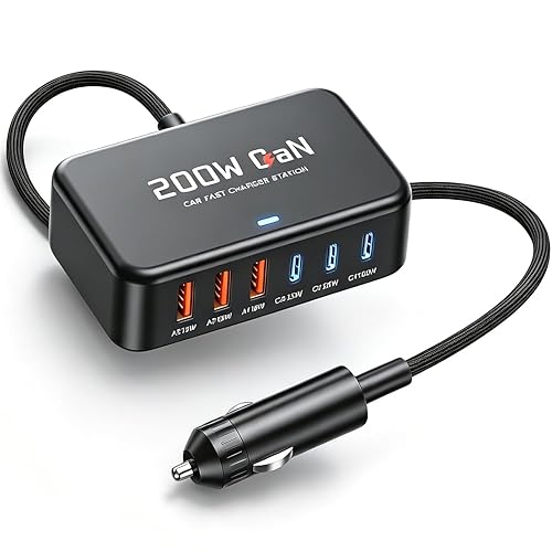 Ftenlyen 200W Car Charger 6-Port USB Car Charging Station - 12V 24V Cigarette Lighter Adapter Fast Charging Road Trip Automobile Charger for iPhone