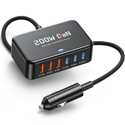 Ftenlyen 200W Car Charger 6-Port USB Car Charging Station - 12V 24V Cigarette Lighter Adapter Fast Charging Road Trip Automobile Charger for iPhone