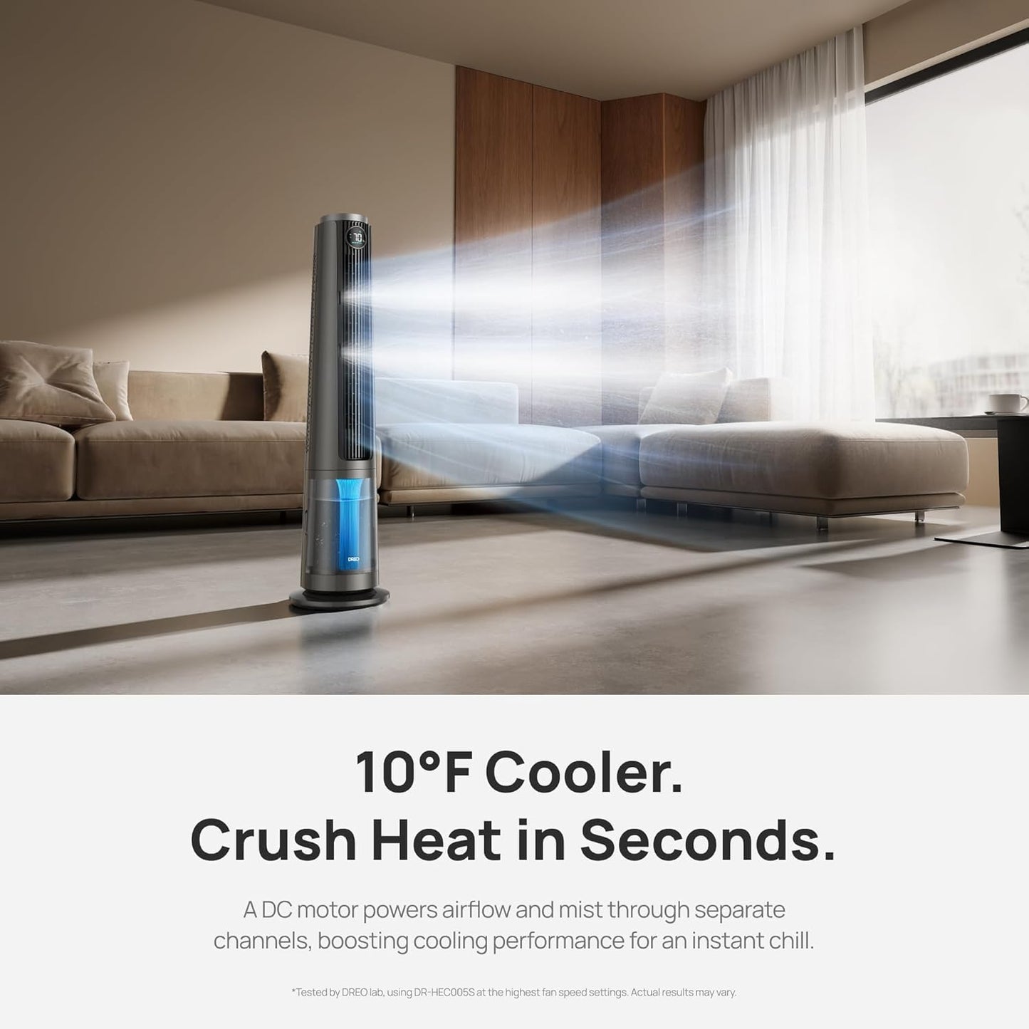 DREO TurboCool Misting Fan 765S, 10°F Cooling, 34ft/s Fast Standing Fan, Tower Fans that Blow Cold Air, 20 dB Quiet DC Motor, 6L Tank, 90° Smart