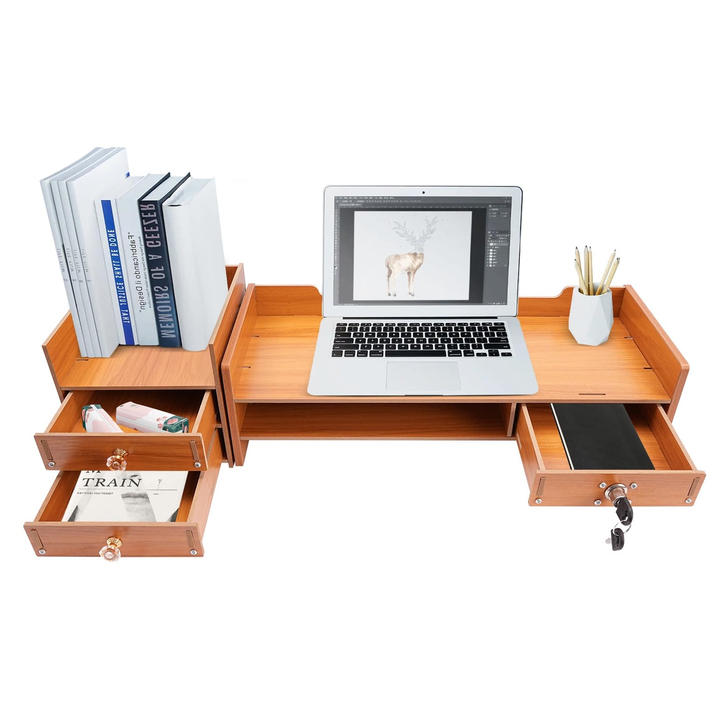 AngelcityCC Monitor Stand Riser, 3 Tiers Laptop Computer Monitor Riser, Desktop Wooden Screen Monitor Stand Riser with Drawers&Lock for Home Office