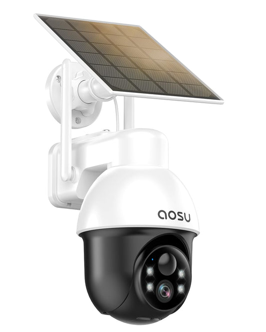 aosu Solar Security Camera Wireless Outdoor with Panoramic PTZ, Human Auto Tracking, 2K Night Vision, Light and Sound Alarm, 2-Way Audio, Works