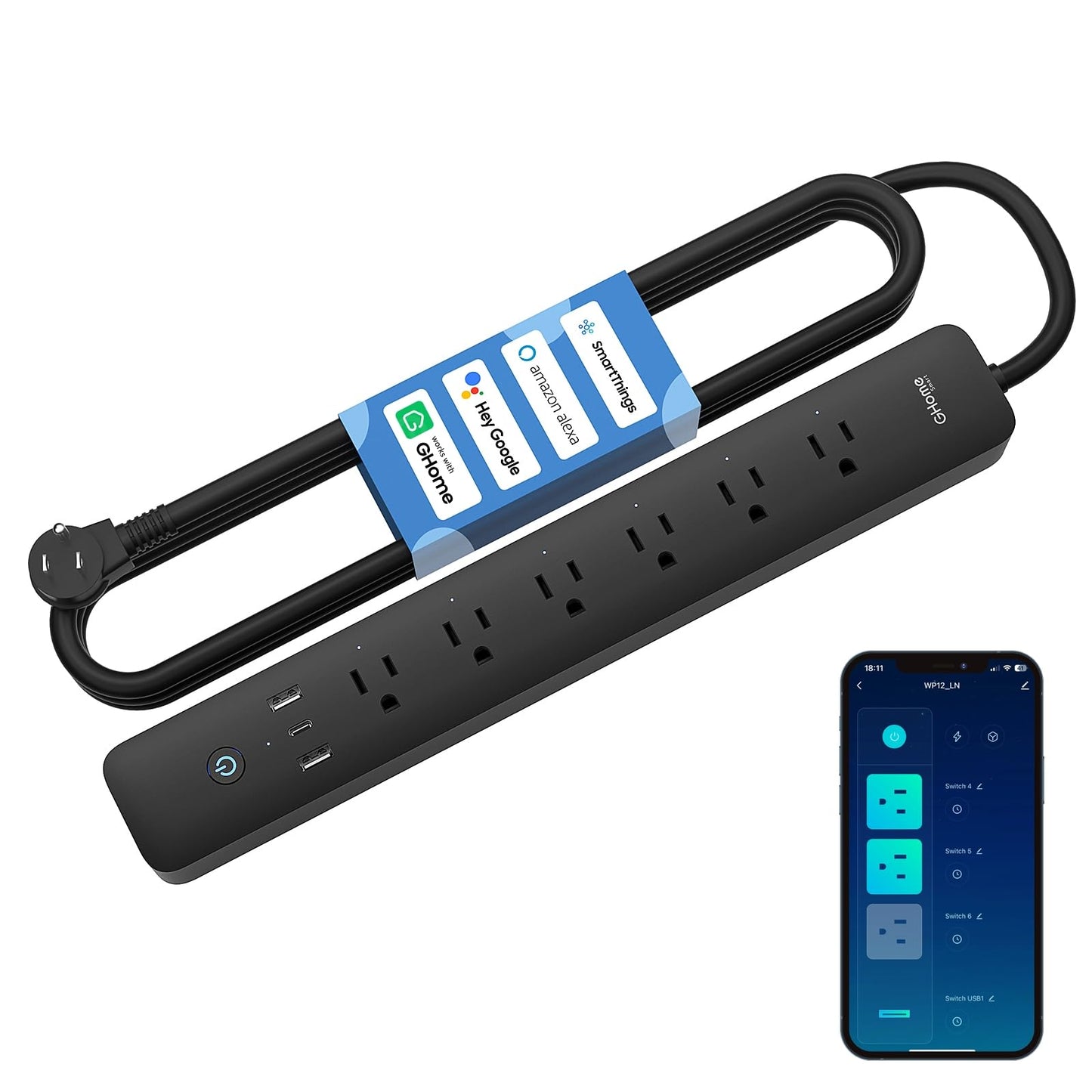 GHome Smart Power Strip 15A, 2.4G WiFi Smart plugs that work with Alexa & Google Home, Surge Protector Flat Plug with 6 APP Control WiFi outlets, FCC