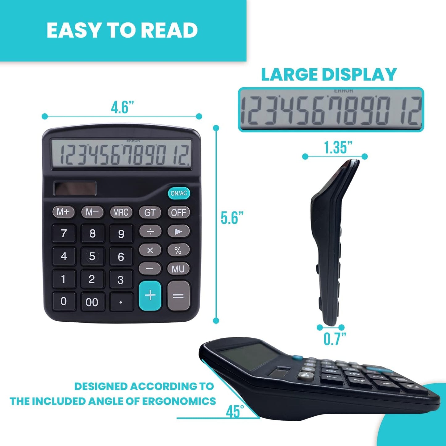 LICHAMP Desk Calculators with Big Buttons and Large Display, Office Desktop Calculator Basic 12 Digit with Solar Power and AA Battery (Included), 6