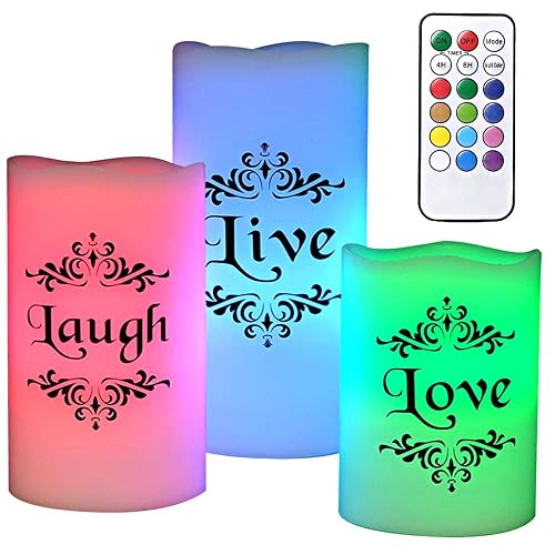 DRomance Color Changing Flameless Candles Battery Operated with 18-Key Remote Timer, 3 Pack Real Wax Live Love Laugh Decal Flickering LED Pillar
