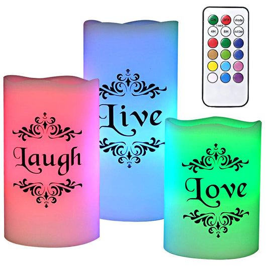 DRomance Color Changing Flameless Candles Battery Operated with 18-Key Remote Timer, 3 Pack Real Wax Live Love Laugh Decal Flickering LED Pillar