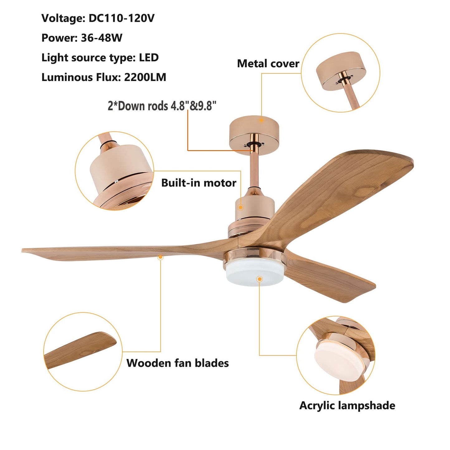 Kaichenyt 48" Fan Light- 3 Color Temperature Adjustable, 6 Speed Settings, Remote Control, 2200 Lumens, Quiet Ceiling Fan with LED Light for Kitchen