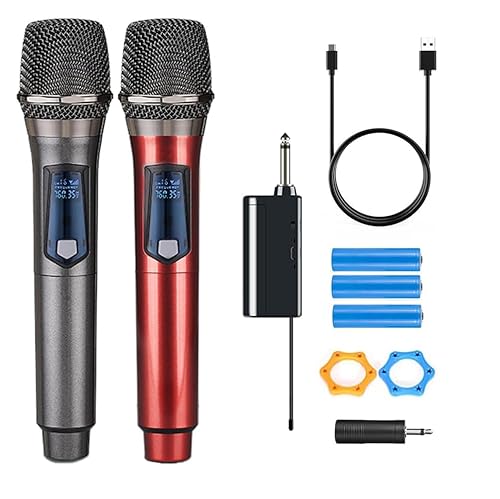 HUACAM Wireless Microphones, Dual Handheld Dynamic Wireless Mic for Karaoke, Wedding, DJ, Party, Speech, Church, Class, PA System, 200ft, Gray & Red
