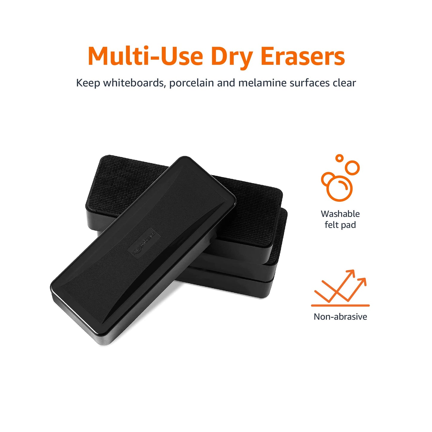 Amazon Basics Dry-Erase Whiteboard Erasers with Soft Pile, for School, Office, Home, and Classroom, Black, 4-Pack