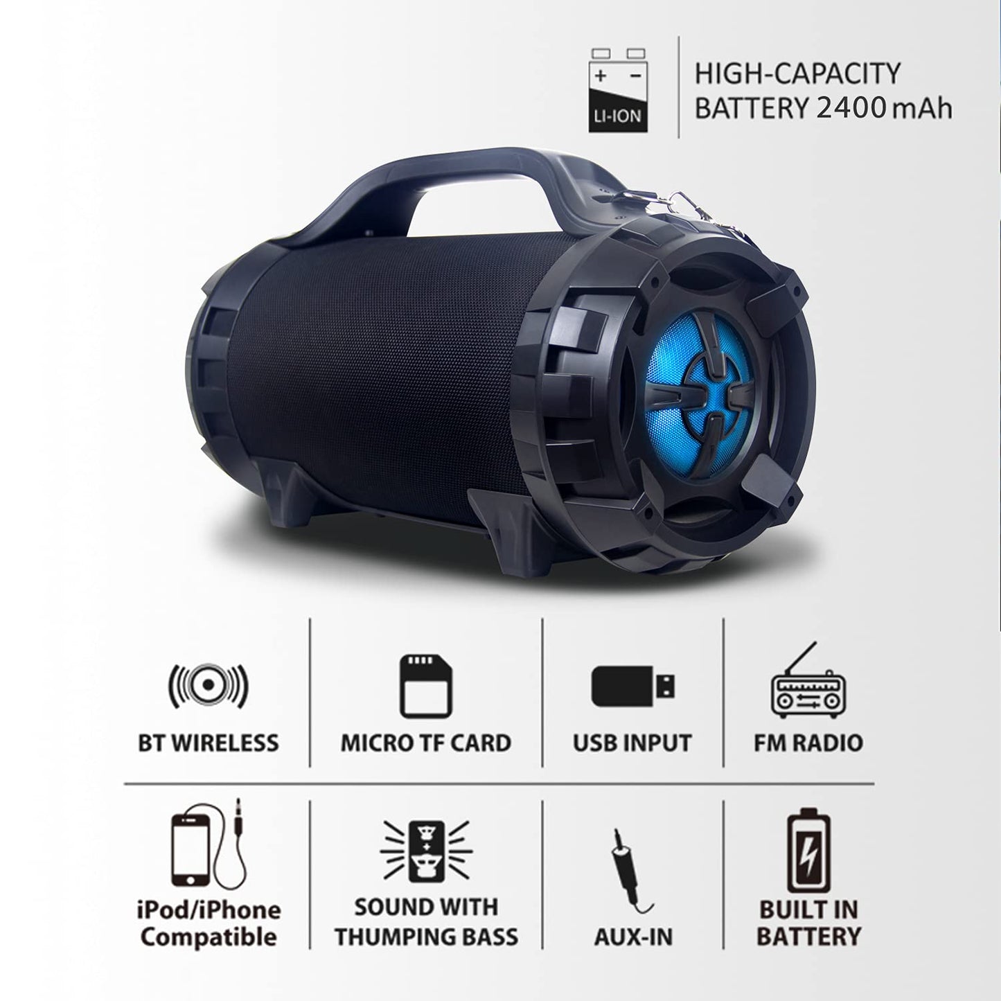 NEM Wireless Portable Boom Box Stereo High Performance Bluetooth Speaker Mobi7e, NFC, USB Recording, Rechargeable Battery, LED Lights, AUX Input, FM