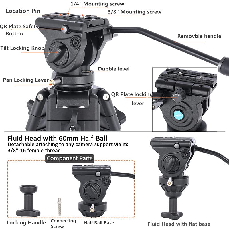 YUSEN 62"/158CM Video Tripod Professional Heavy Duty Aluminum Twin Tube Video Tripod 360 Degree Fluid Head Mid-Level Spreader for DSLR Camcorder