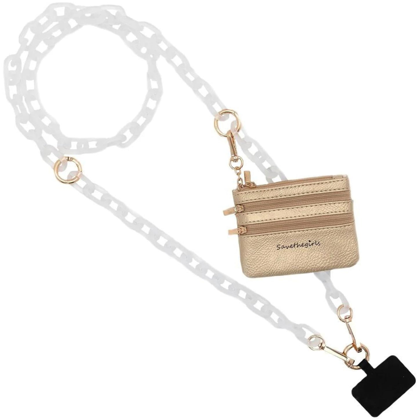 Save the Girls Clip and Go Phone Chain with Pouch (White - Gold Pouch) - Stylish Phone Lanyard Crossbody with Wallet for Women, Hands-Free Carrying