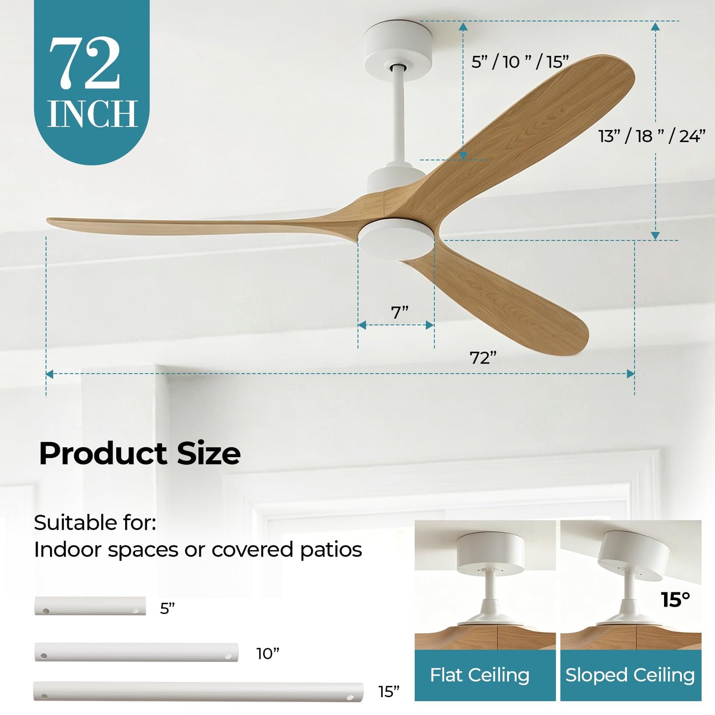 STANDLE 72 Inch Wooden Ceiling Fans with Lights and Smart Control, Natural
