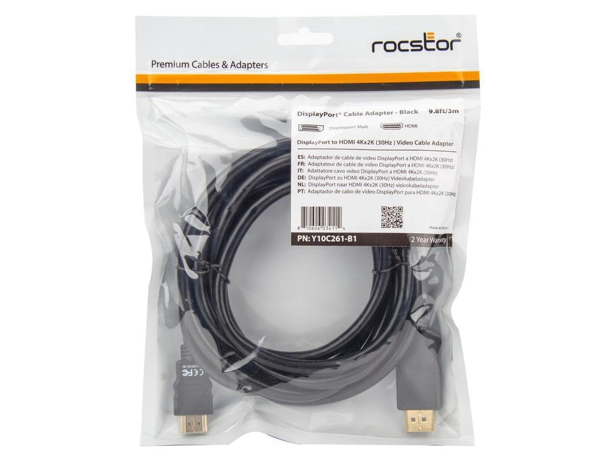 Rocstor Displayport to Hdmi Convertor Cable 4K - Hdmi Male - Displayport Male - 10 Ft (3