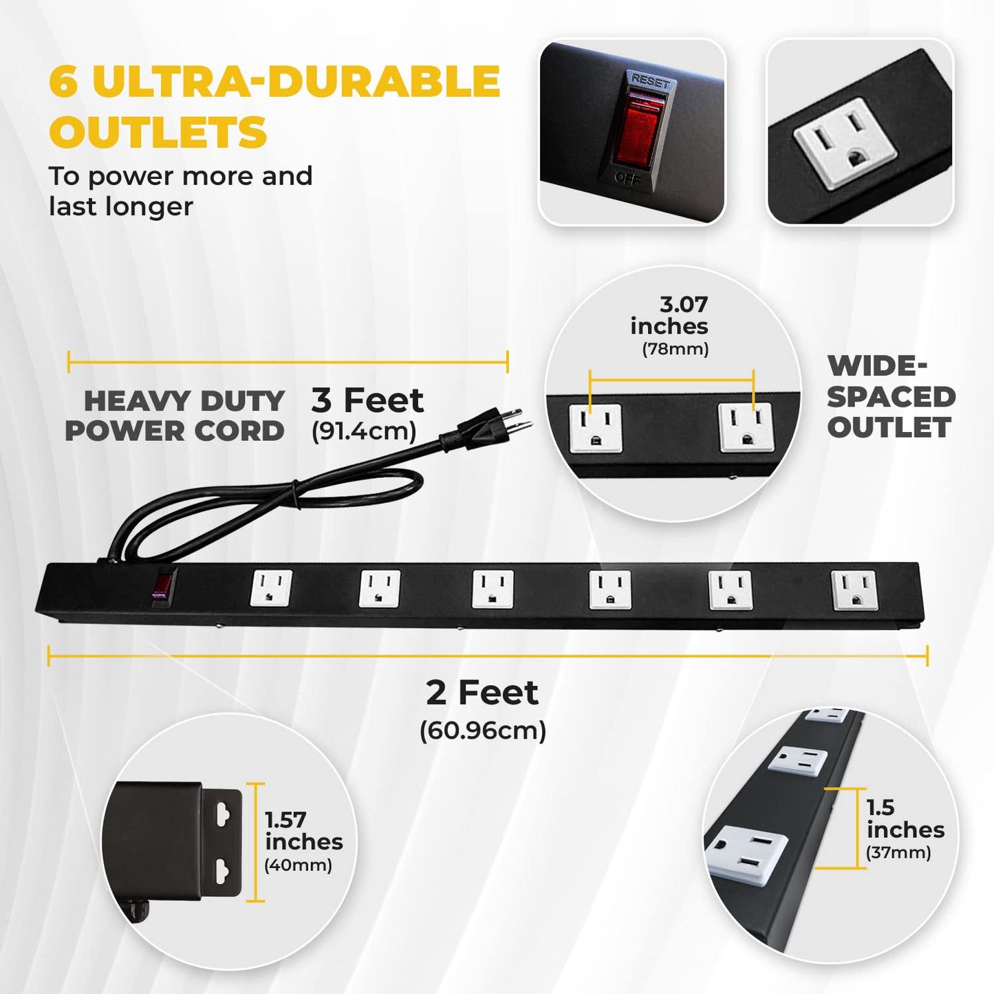 6 Outlets 3 Feet Power Cord 2 Feet Body Opentron OT2063 Heavy Duty Metal Surge Protector Power Strip with Mounting Parts - Free End Caps for Shipping