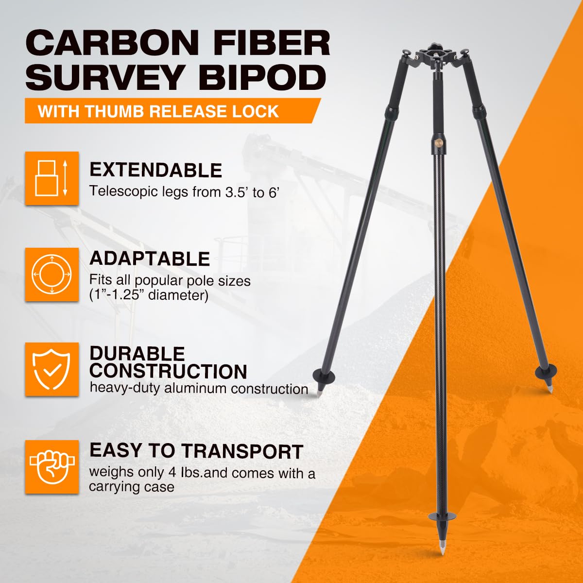 Mountlaser Carbon Fiber Tripod with Thumb Release for Surveying Poles, Fits 1 to 1.25-inch and 1.5-inch Poles, Extends Up to 6 Feet, Collapses to 3.5